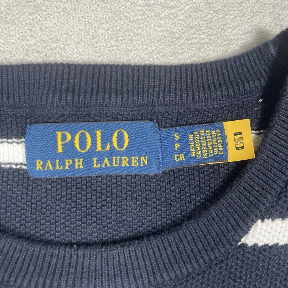 Polo Ralph Lauren Mens Striped Mesh Knit Cotton Sweater Navy Blue Long Sleeve S